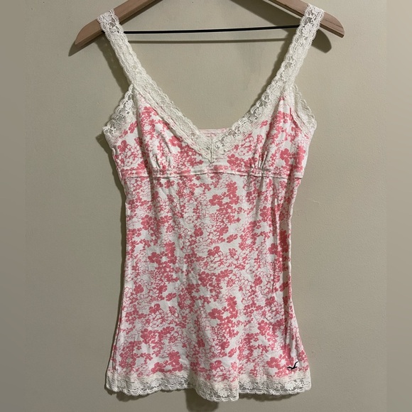 Hollister Tops - Vintage Hollister Womens Y2K Floral Lace V Neck Babydoll Tank Top Large Pink